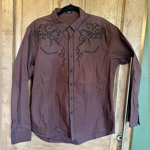 Rich Chocolate Brown Western Embroidered Button Down Shirt Cotton Shirt